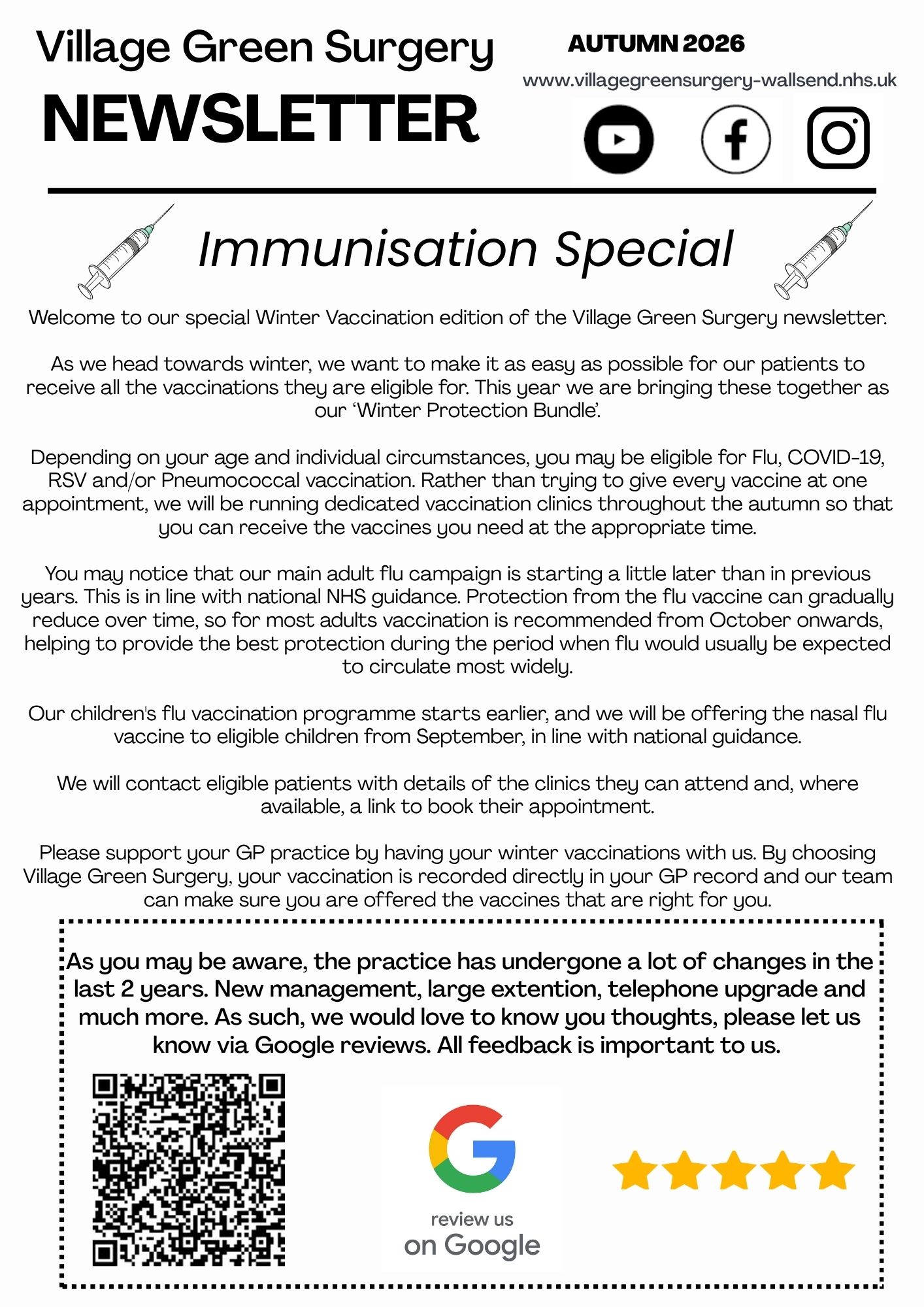 Village Green Surgery Autumn Newsletter 2026 Immunisation Special Page 1